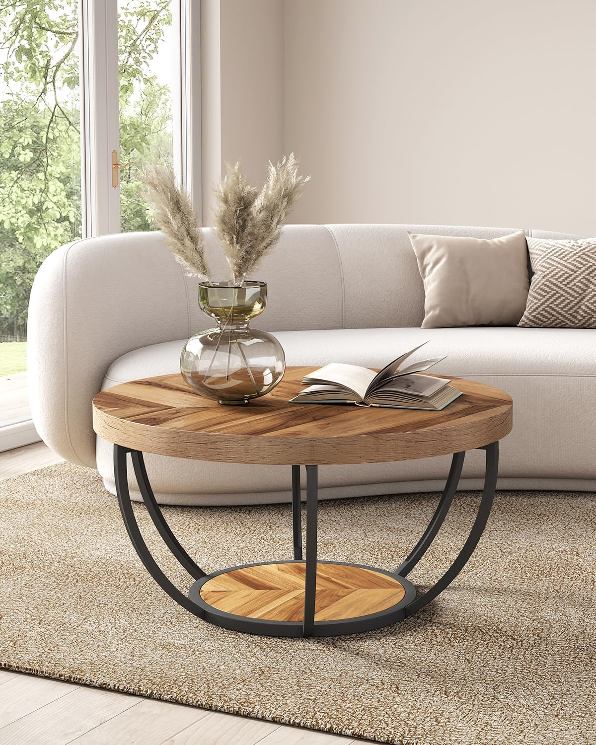round Coffee Table, 32" Circle Coffee Table for Living Room, 2-Tier Wood Accent Center Table with Open Storage Industrial Design Home Furniture (Wood Grain and Black)