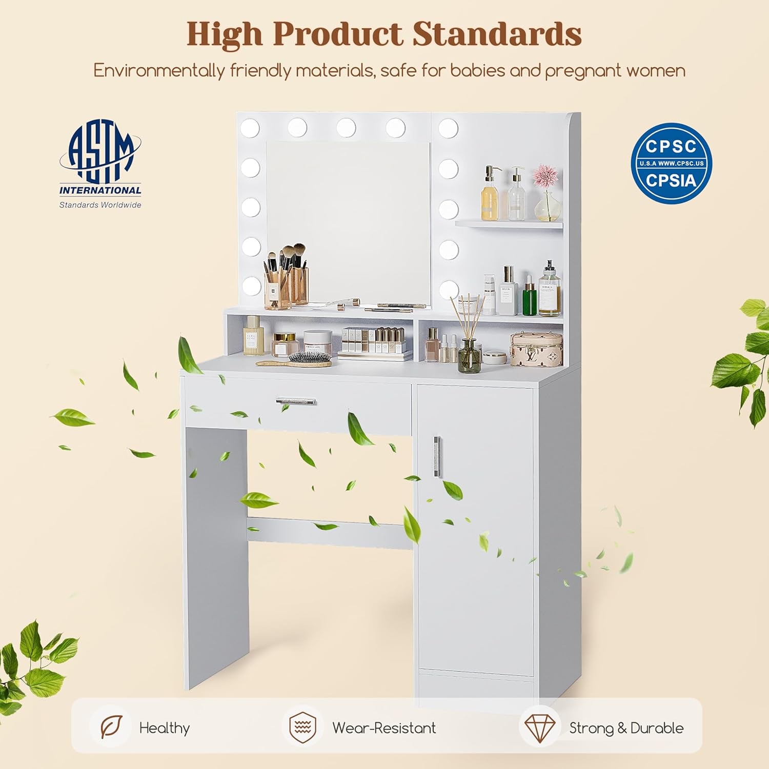 Vanity Desk with Mirror & Lights, White Makeup Desk with Drawers & Cabinet, 3 Lighting Modes & 10 Brightness, Vanity for Bedroom & Dressing Room