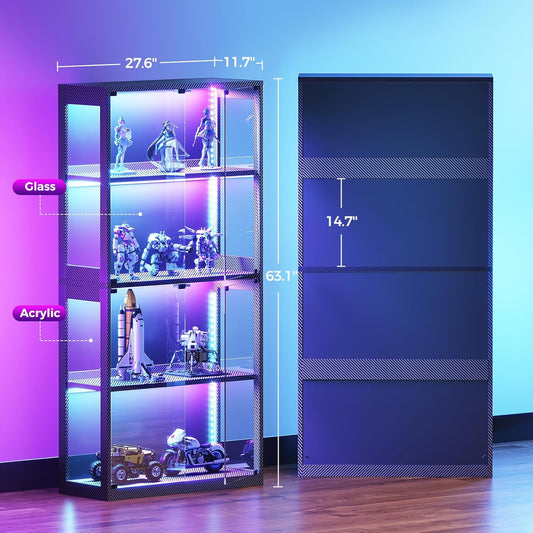 Glass Display Cabinet with Glass Doors, 4-Tier Display Case with RGB Lights, Glass Cabinet Shelf for Collectibles and Storage, Black Curio Cabinet for Gaming Room
