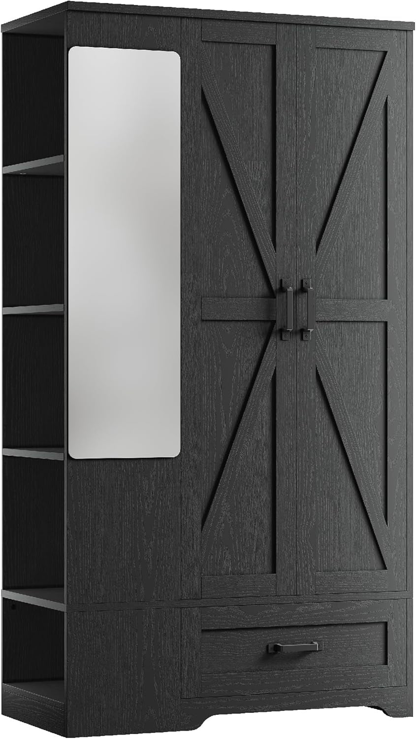 Armoire Wardrobe Closet 70 Inches, Large Storage with Mirror, 2 Doors, Drawer, and Shelves, Modern Bedroom Freestanding Wooden Wardrobe Combination with Hanging Rail, Black