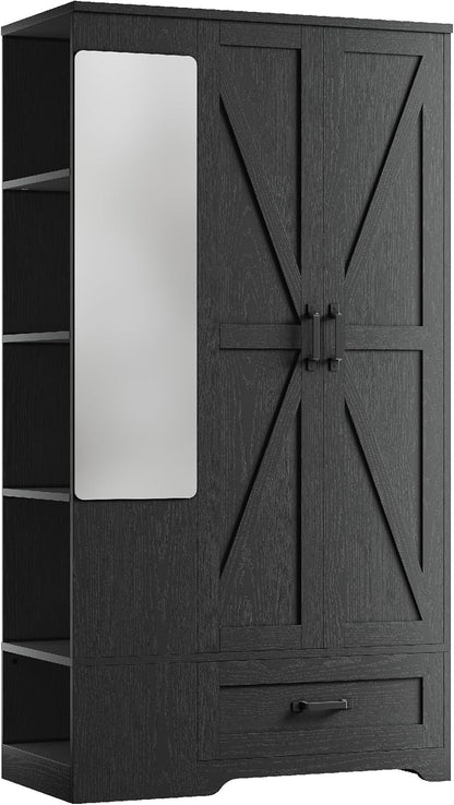 Armoire Wardrobe Closet 70 Inches, Large Storage with Mirror, 2 Doors, Drawer, and Shelves, Modern Bedroom Freestanding Wooden Wardrobe Combination with Hanging Rail, Black