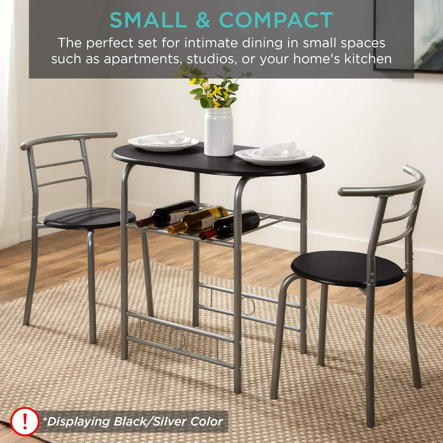3-Piece Wooden round Table & Chair Set for Kitchen, Dining Room, Compact Space W/Steel Frame, Built-In Wine Rack - Black/Brown
