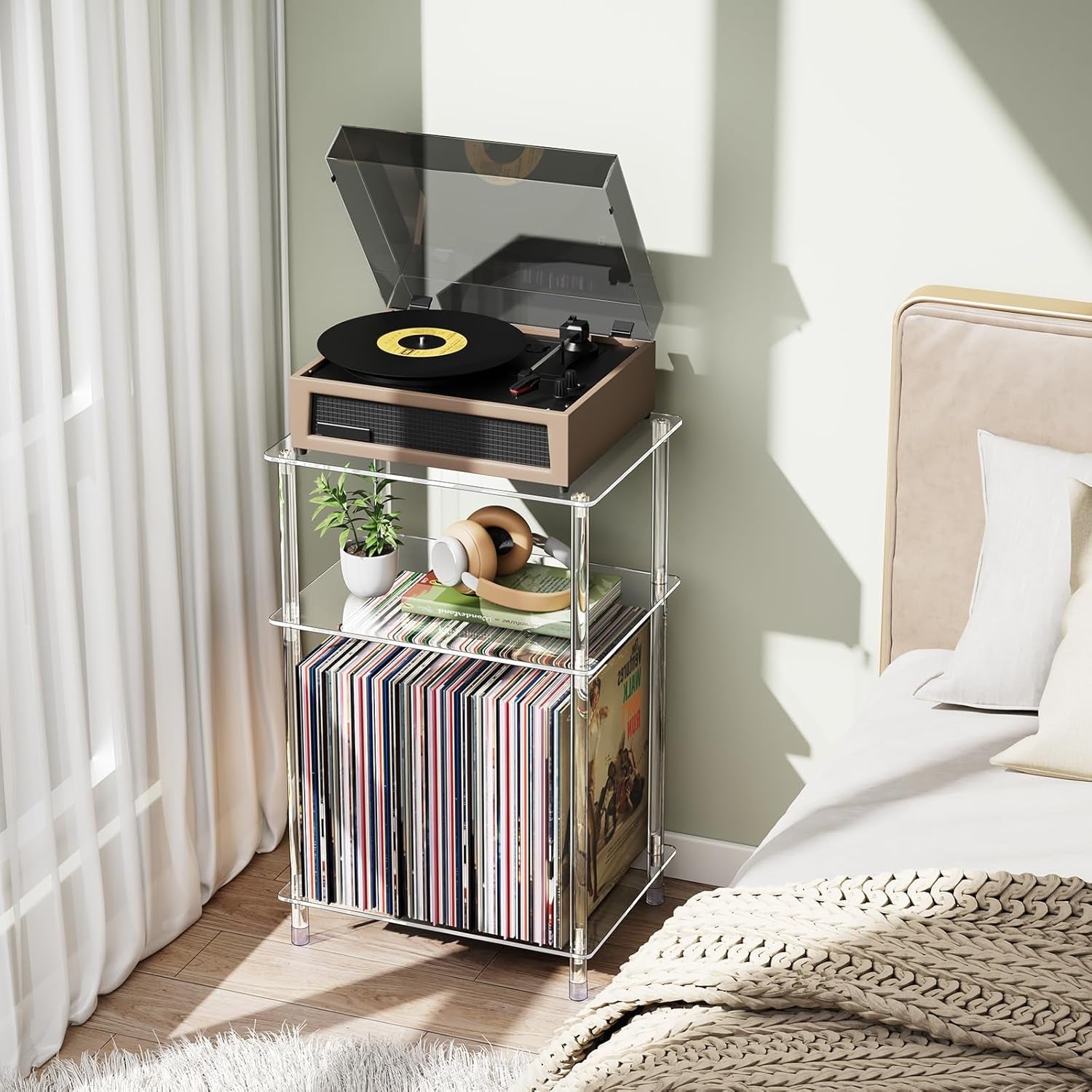 Clear Acrylic Record Player Stand with Vinyl Storage, 15.75" L X 11.81" W X 24.5" H, 3 Tier Small Side Turntable Table with Album Shelf, Modern Bedside End Table for Living Room, Bedroom