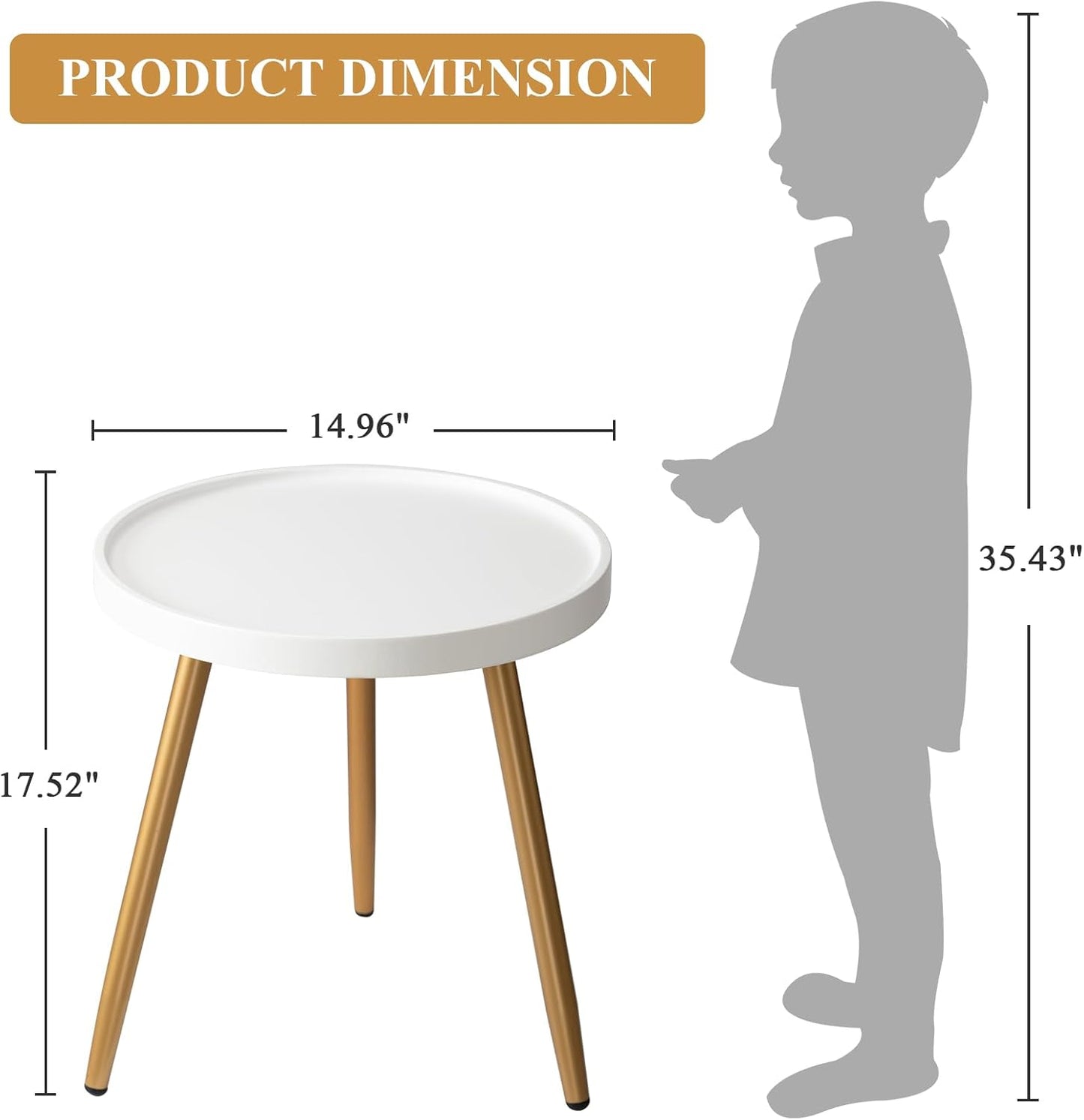 Nursery Side Table, Metal Legged Mini Table with Wooden Tray, Small round End Table for Living Room, Bedroom, Nursery, White & Gold
