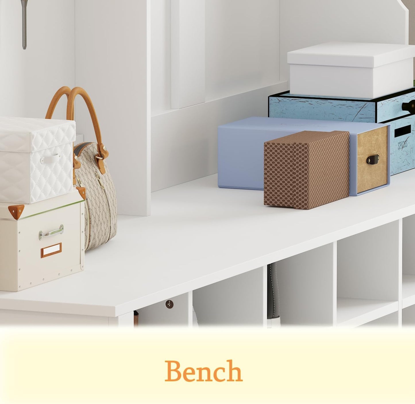 Extra Large Hall Tree with Bench and Shoe Storage, Multi-Purpose Entryway Bench with Coat Rack, Adjustable Shelves, 6 Double Hooks and 21 Open Compartments, White