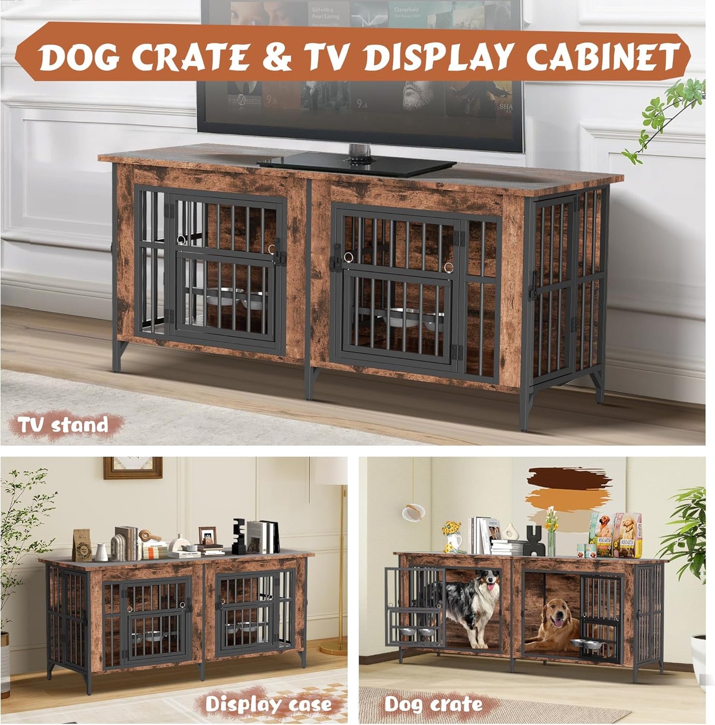 63'' Double Dog Crate Furniture for 2 Dogs, Wooden Dog Kennel with Removable Divider, XL Dog House Indoor with Rotating Bowl Holders, Heavy Duty Dog Crate TV Stand (62.9" X 23.6" X 27.9")