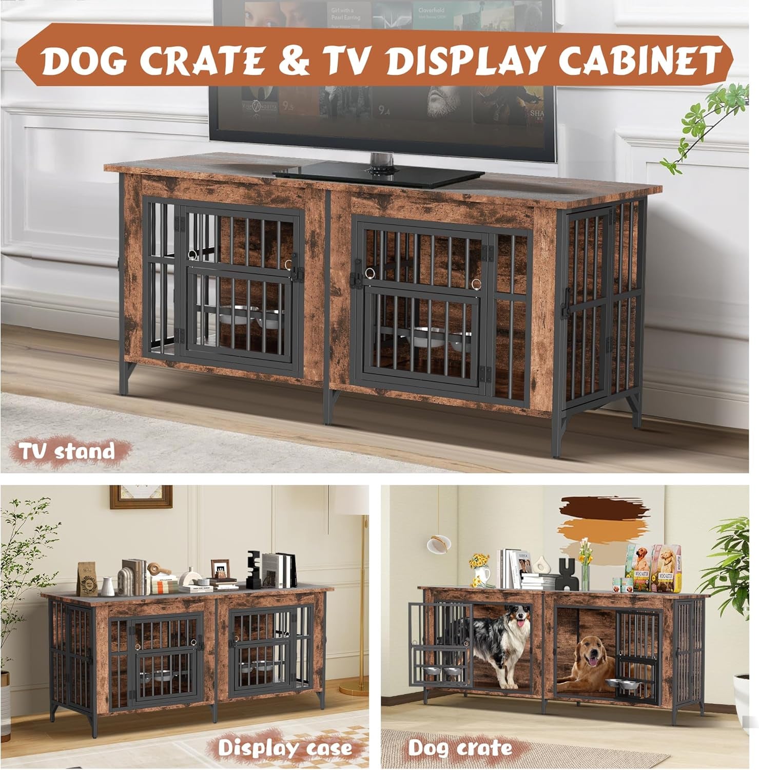 63'' Double Dog Crate Furniture for 2 Dogs, Wooden Dog Kennel with Removable Divider, XL Dog House Indoor with Rotating Bowl Holders, Heavy Duty Dog Crate TV Stand (62.9" X 23.6" X 27.9")