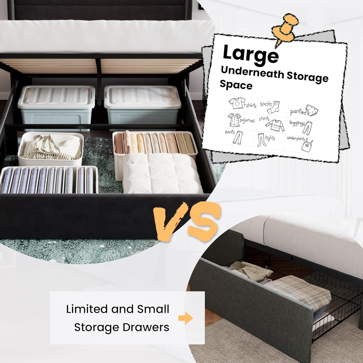 Queen Size Lift up Storage Bed/Velvet Upholstered/Modern Wingback Headboard/Upholstered Platform Bed Frame/Hydraulic Storage/No Box Spring Needed/Black