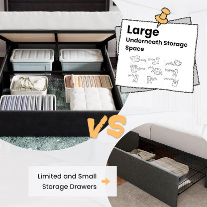 Queen Size Lift up Storage Bed/Velvet Upholstered/Modern Wingback Headboard/Upholstered Platform Bed Frame/Hydraulic Storage/No Box Spring Needed/Black