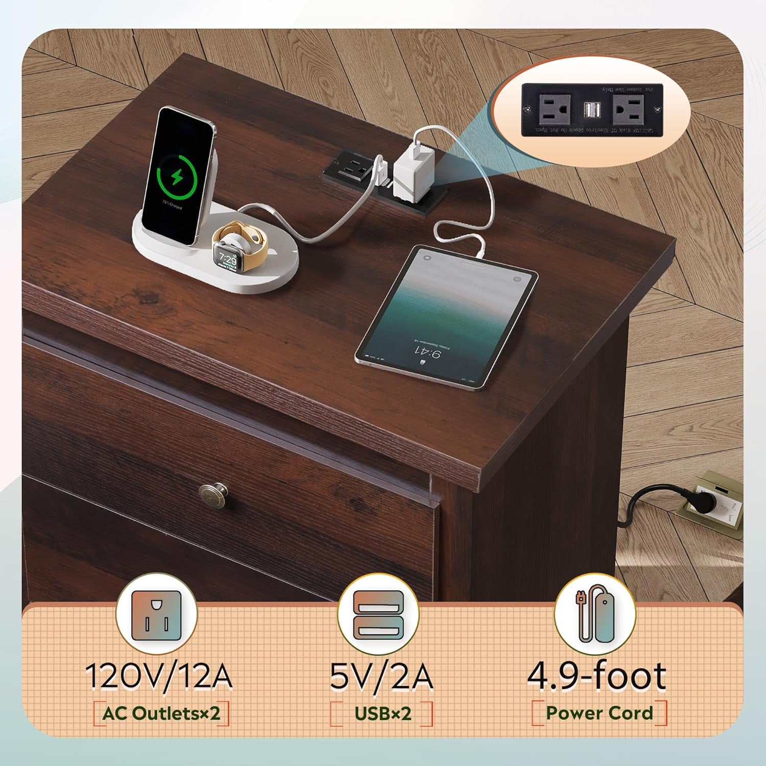 Tall Nightstand with Charging Station, Wood Nightstand with 3 Drawers, Bedside Tables Bedroom, Dorm, End Table with 2 USB Ports and 2 AC Outlets, Bedside Table, Espresso
