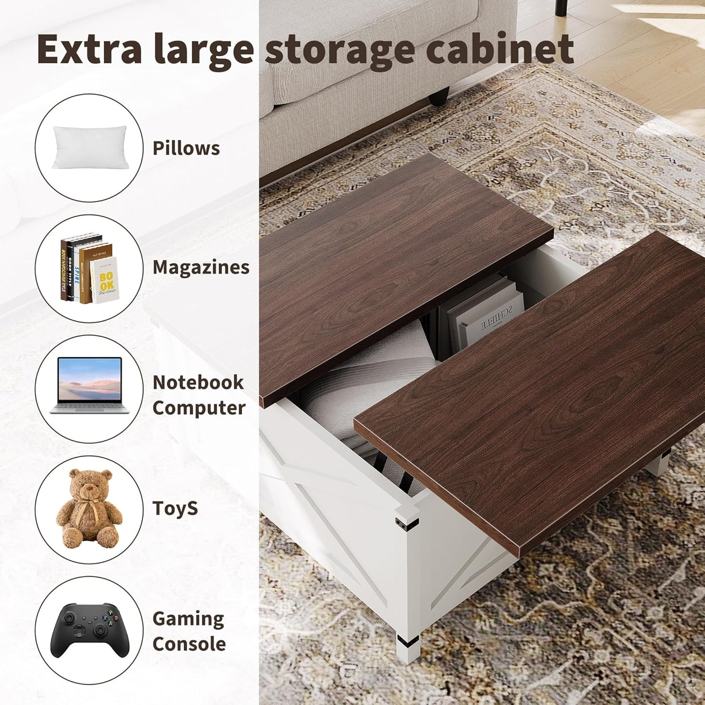 Hydraulic Lift Top Coffee Table with Hidden Storage, Farmhouse Industrial Style Accent Table, Sturdy Wood & Metal Construction, Safe Lift Mechanism, for Living Room Office