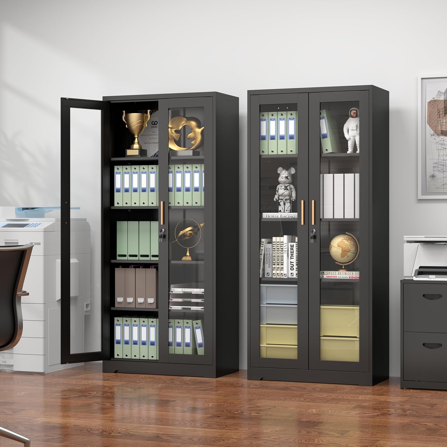 Glass Display Cabinet with Lock, Metal Curio Cabinet with Tempered Glass Doors & Adjustable Shelves, Heavy-Duty China Cabinets for Living Room, School, Commercial, Black, Assembly Required
