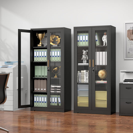 Glass Display Cabinet with Lock, Metal Curio Cabinet with Tempered Glass Doors & Adjustable Shelves, Heavy-Duty China Cabinets for Living Room, School, Commercial, Black, Assembly Required
