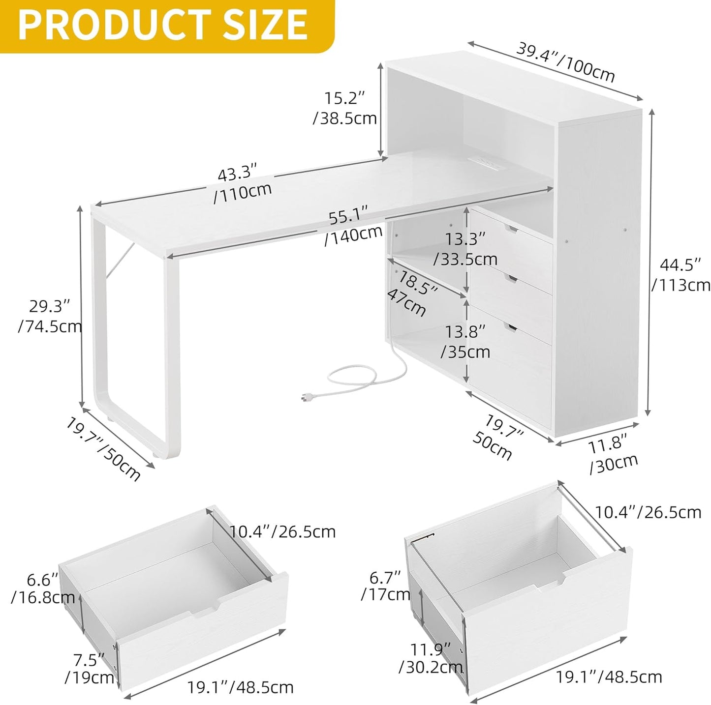 L Shaped Desk with Drawers, 55" Corner Computer Desk with Bookshelf & Power Outlets & LED Lights, Home Office Desk with Storage Shelves, White