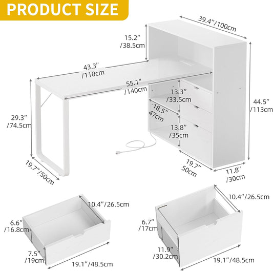 L Shaped Desk with Drawers, 55" Corner Computer Desk with Bookshelf & Power Outlets & LED Lights, Home Office Desk with Storage Shelves, White