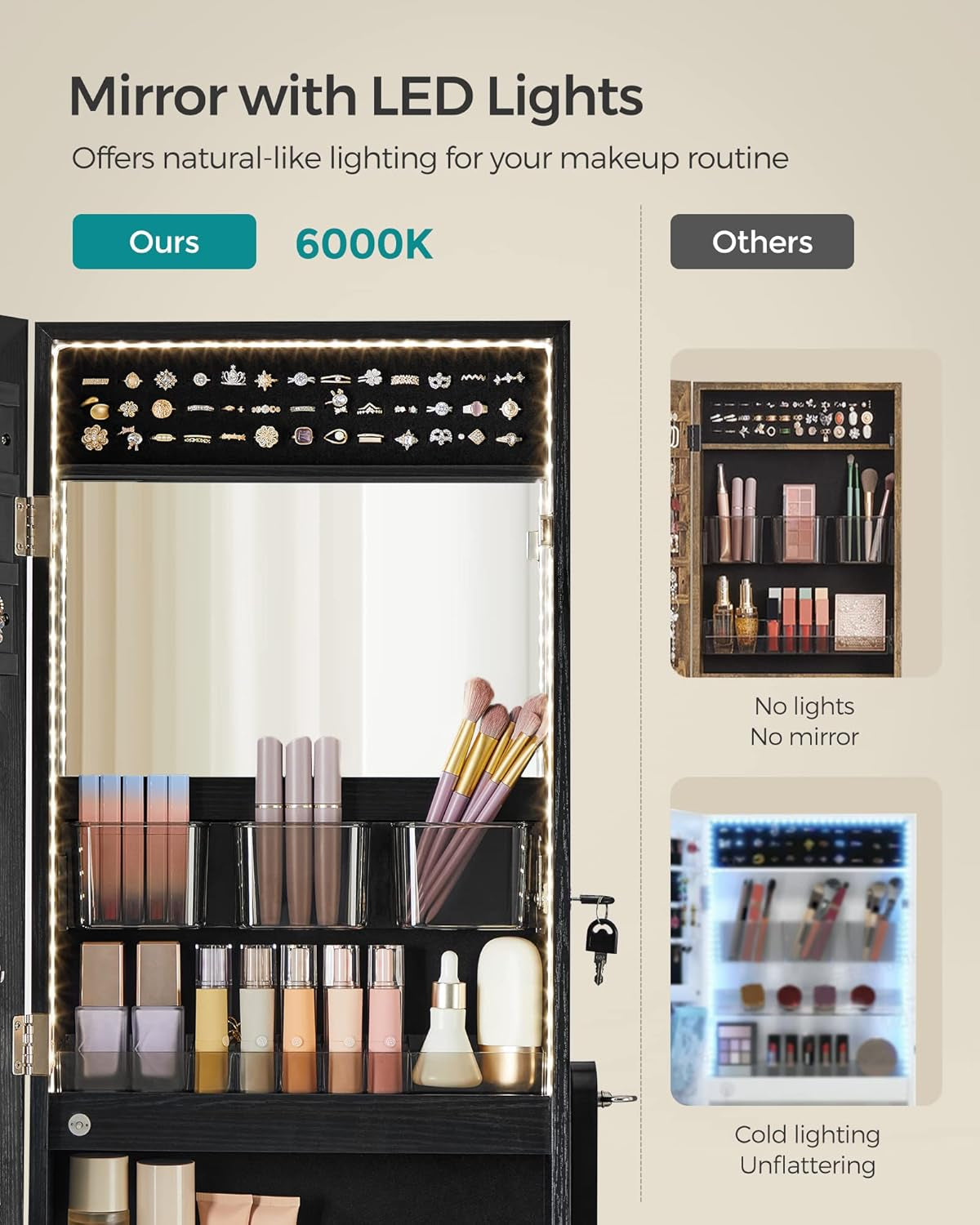 Mirror Jewelry Cabinet Standing Armoire Organizer, Jewelry Storage with Full-Length Frameless LED Lights, Built-In Makeup Mirror, 2 Drawers, Lockable, Black UJJC023B01