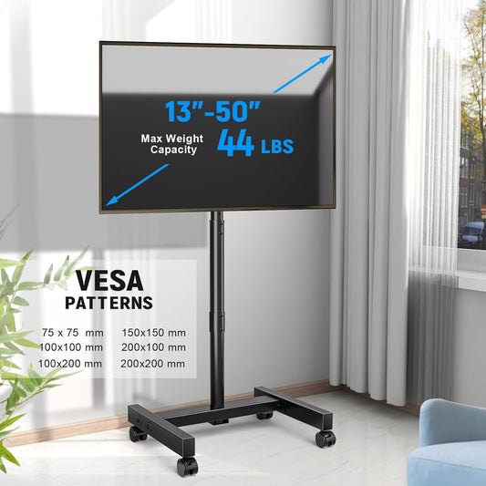 Mobile TV Cart Rolling TV Stand for 13-50 Inch Screens, Tilting and Rotating Mount, Portrait to Landscape, Height Adjustable Portable TV Stand with Wheels Holds up to 44Lbs Max VESA 200X200Mm