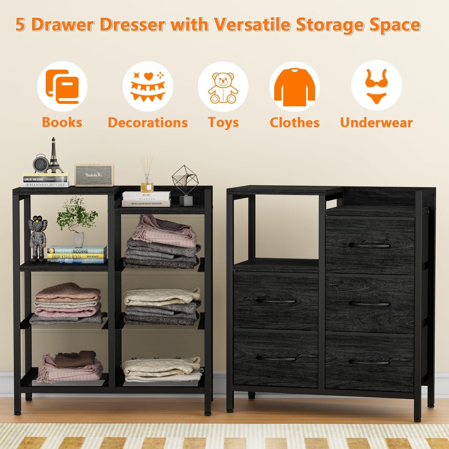 5 Drawer Black Dressers for Bedroom 2 Tier Shelf Storage Small Fabric Dresser for Closet Sturdy Metal Frame Modern Style Storage Cabinets Organization Units for Hallway Rooms
