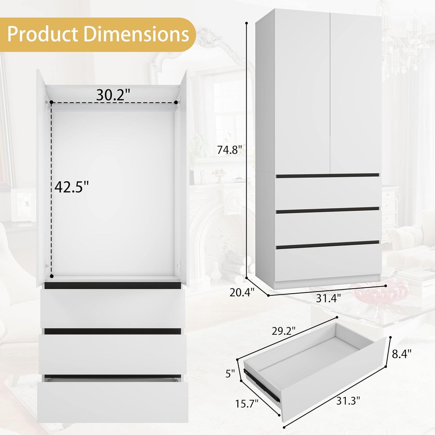 Wooden Wardrobe Closet with 2 Doors: 75" Bedroom Armoire Wardrobe Closet with 3 Drawers, White Cabinet with Hanging Shelves, Large Storage Cabinet (Modern, 1)