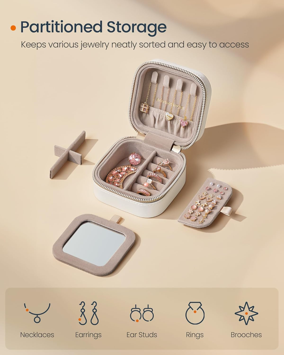 3-Tier Jewelry Organizer with Glass Lid and Square Travel Jewelry Box Bundle, with Drawers, Mirror, PU, Modern, Gift Idea, Cloud White UJBC239WT and UJBC179W01