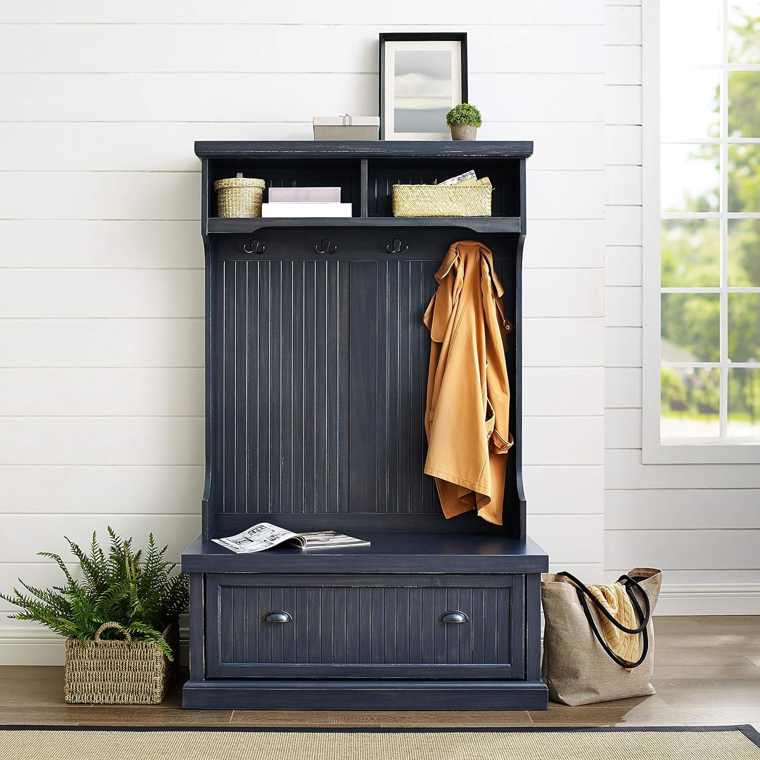 Seaside Hall Tree with Shoe Rack Bench and Coat Hooks for Hanging Storage, Distressed Navy