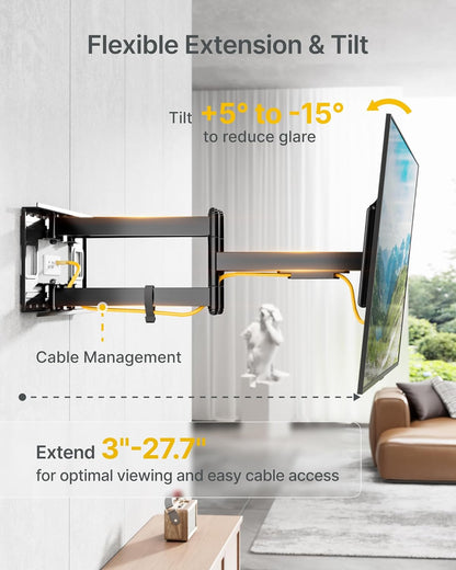 Heavy Duty XXL Full Motion TV Wall Mount for 60-120 Inch Extra Large Tvs, Holds 265 Lbs, Max VESA 900X600, 27.7" Extension, Swivel & Tilt, Preassembled, Fits 12–24" Studs, LED/LCD/OLED 4K/8K