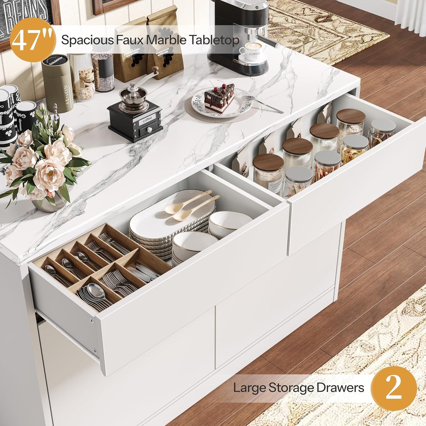 Kitchen Island with Storage, 47.2" Large Faux Marble Countertop Kitchen Island with 2 Drawers and Adjustable Shelves, Coffee Bar Station, Beveled Edge Door Cabinet, Dining Table for 2-4 People, White