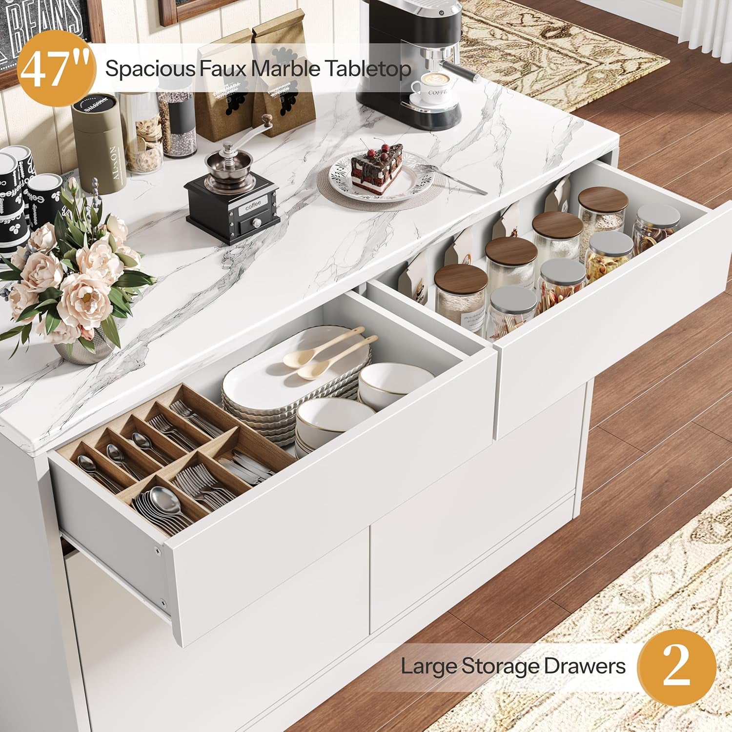 Kitchen Island with Storage, 47.2" Large Faux Marble Countertop Kitchen Island with 2 Drawers and Adjustable Shelves, Coffee Bar Station, Beveled Edge Door Cabinet, Dining Table for 2-4 People, White