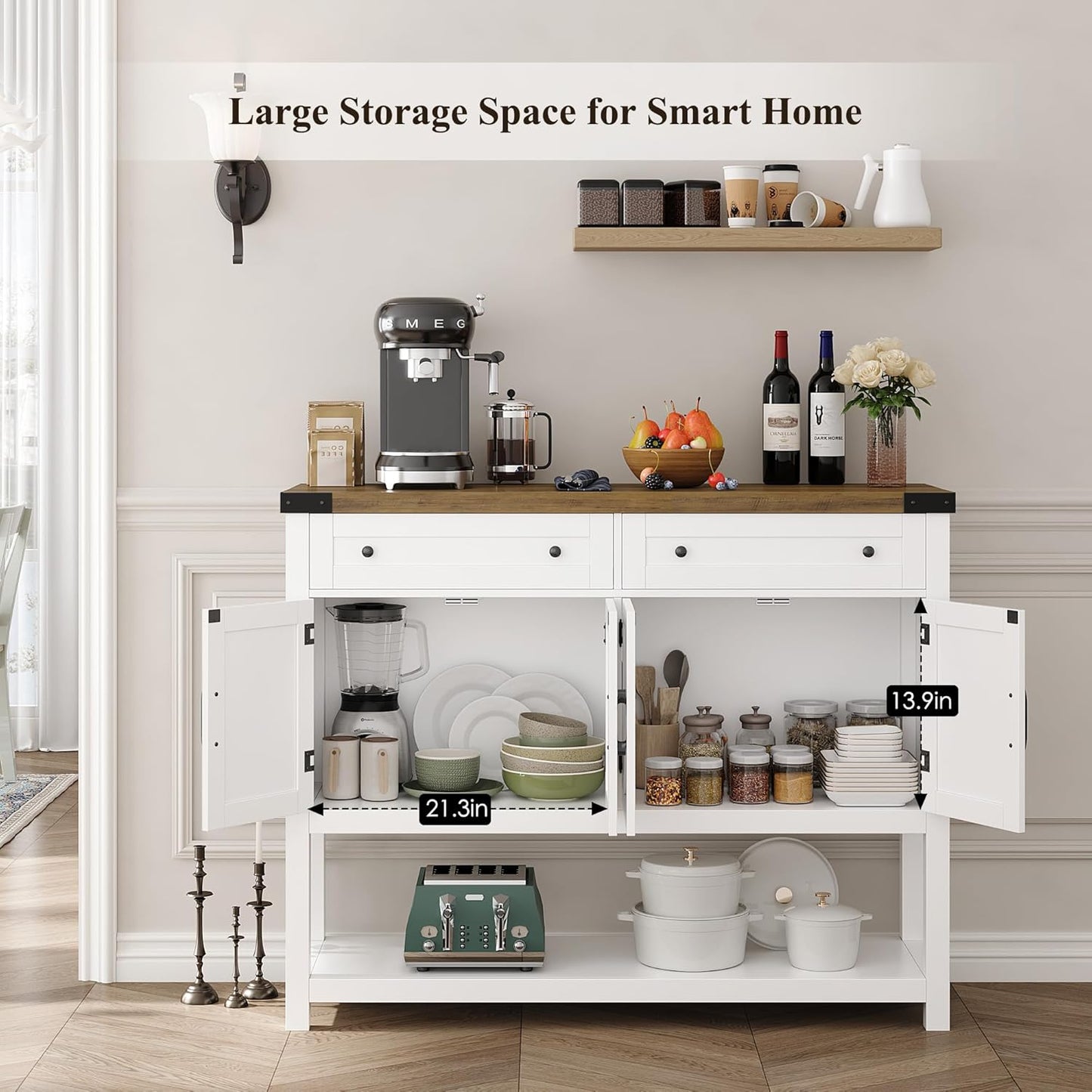 Buffet Sideboard Cabinet with Storage, 47.2" Modern Farmhouse Coffee Bar with 2 Drawers, Barn Doors Console Table with Shelf for Kitchen, Dining Room, Living Room, Entryway (White)