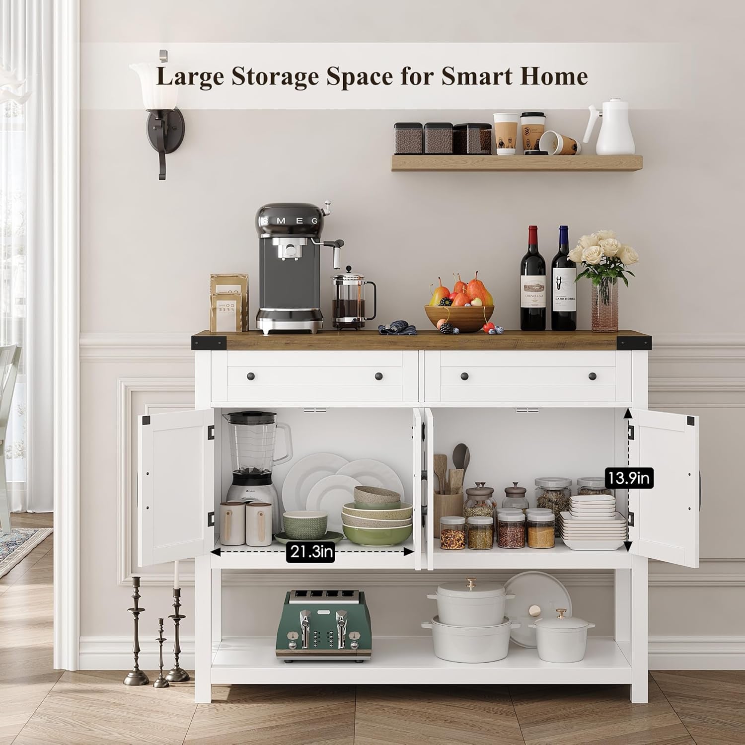 Buffet Sideboard Cabinet with Storage, 47.2" Modern Farmhouse Coffee Bar with 2 Drawers, Barn Doors Console Table with Shelf for Kitchen, Dining Room, Living Room, Entryway (White)