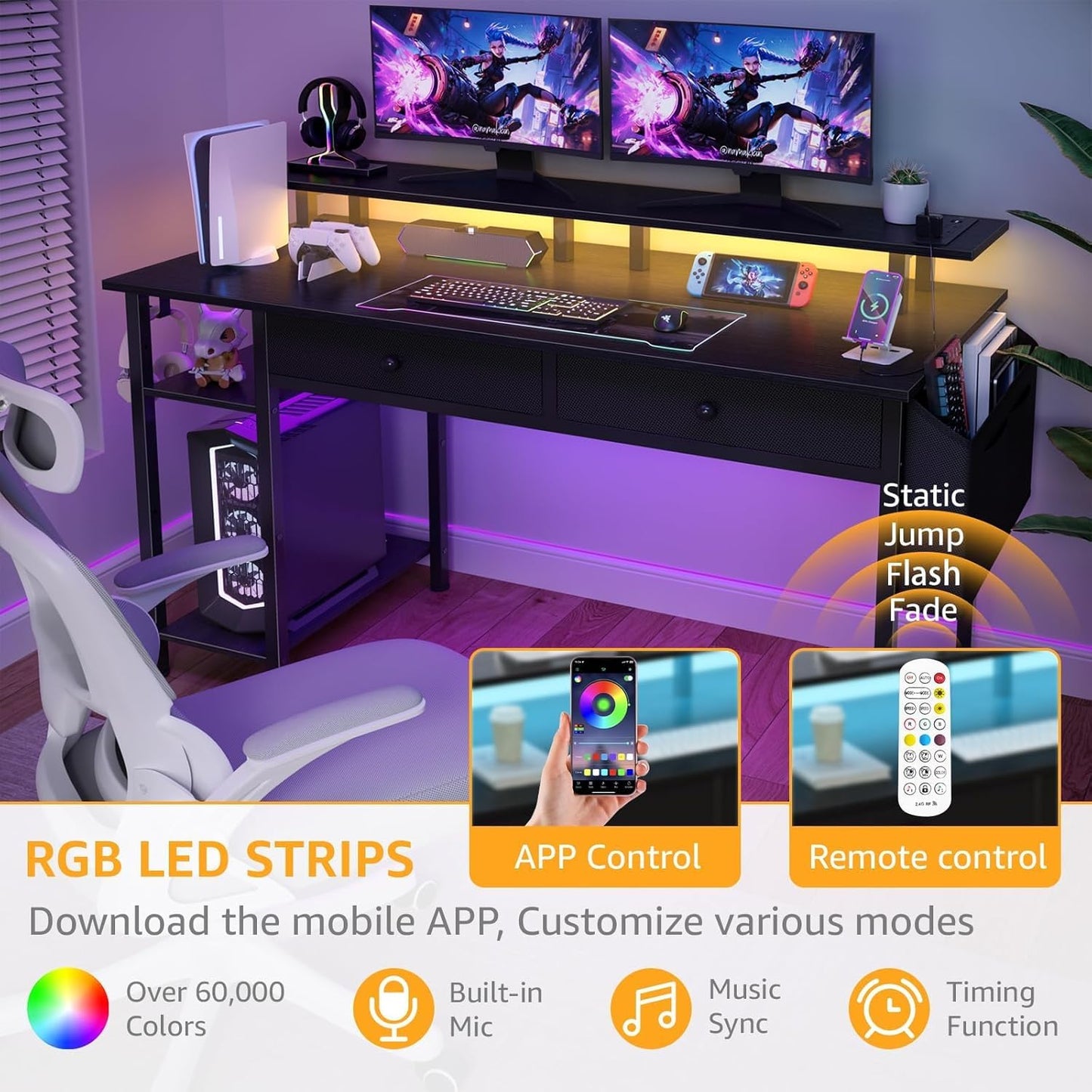 Black Gaming Desk with Shelves and Drawers - 39 Inch Small Gaming Desk with Storage Shelves for Boys Teens Bedroom, Black Computer Desks with Drawers, Monitor Stand, Power Outlet