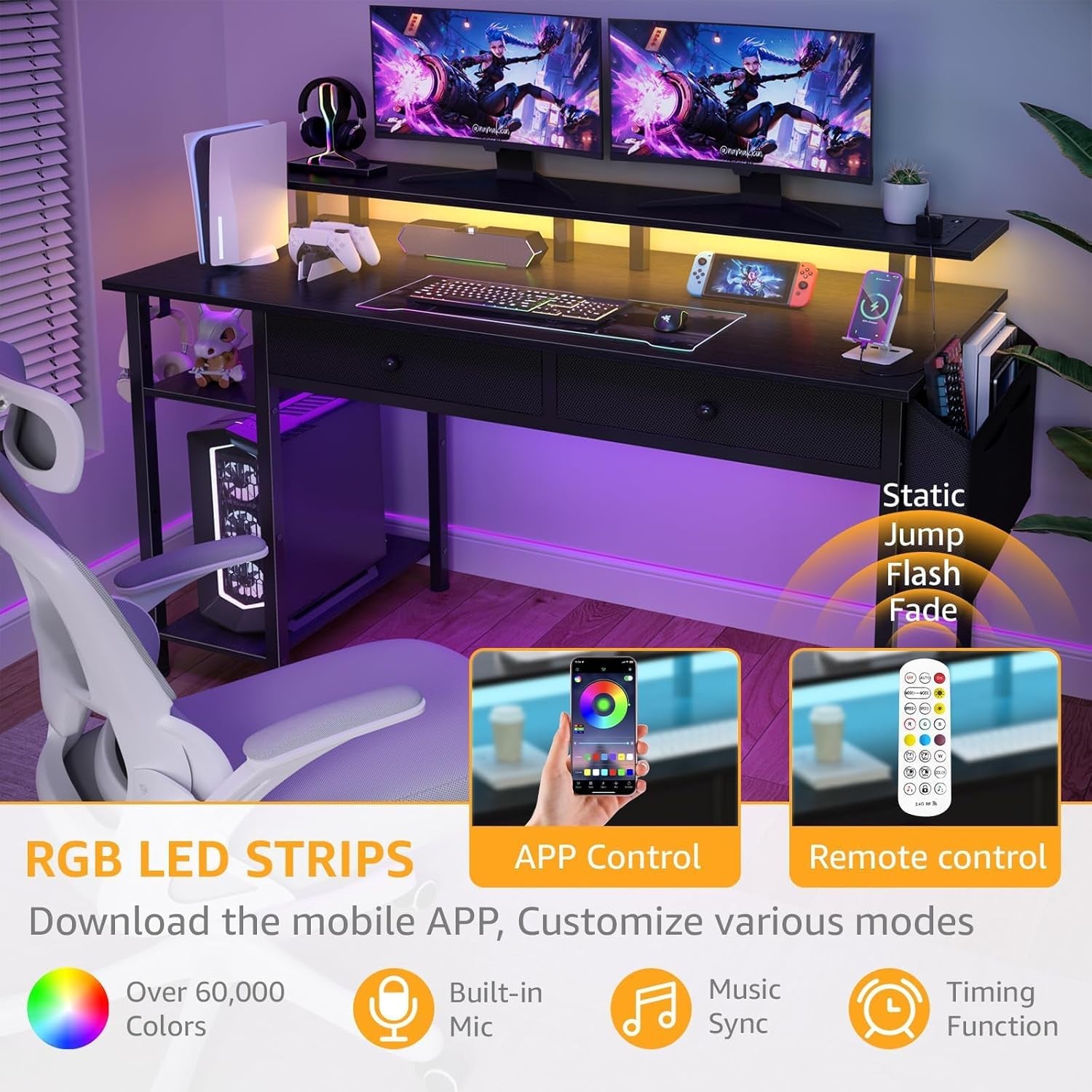 Black Gaming Desk with Shelves and Drawers - 39 Inch Small Gaming Desk with Storage Shelves for Boys Teens Bedroom, Black Computer Desks with Drawers, Monitor Stand, Power Outlet