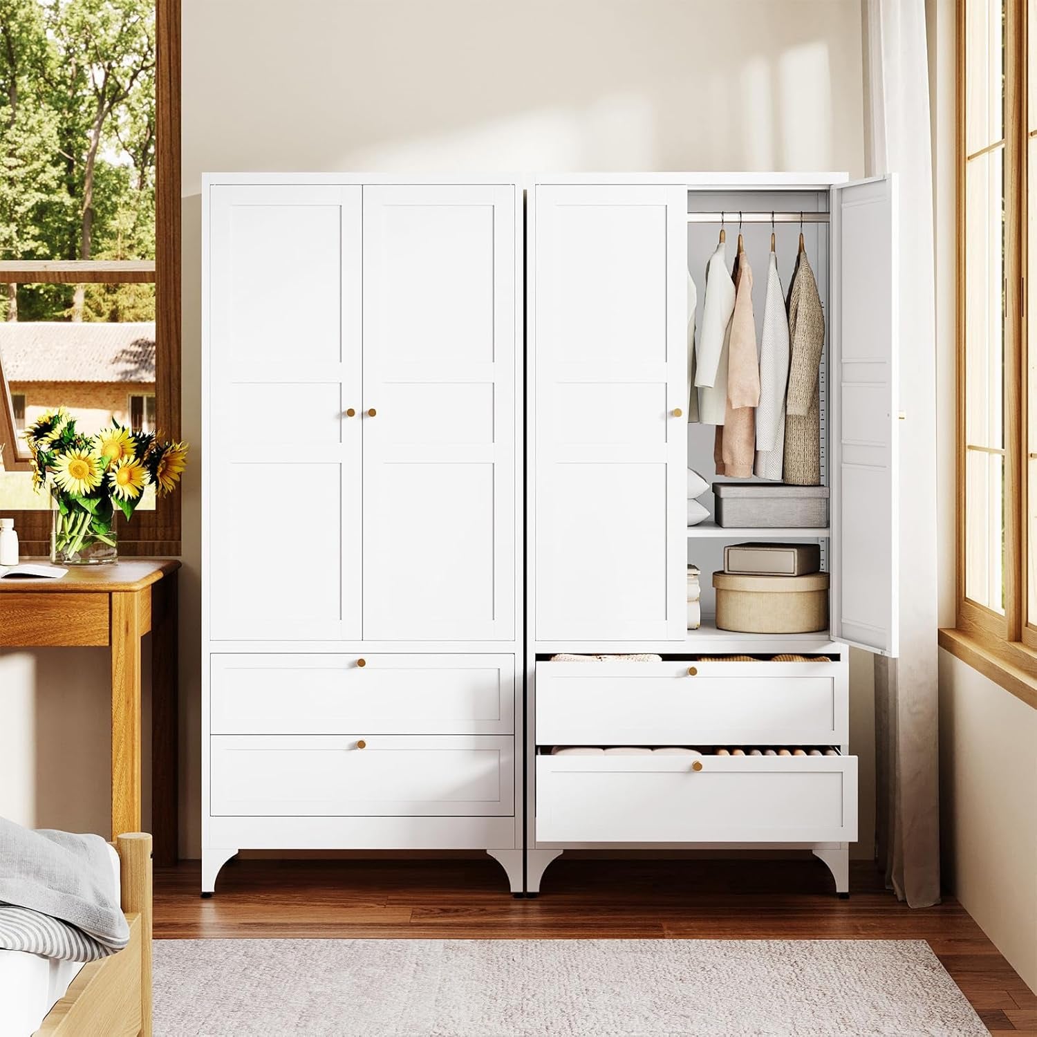 Metal Armoire Wardrobe Closet with 2 Drawers,18" Deep Clothing Storage Cabinet with Doors and Shelves,Coat Closet with Hanging Rod,Bedroom,Home,Cloak Room,White
