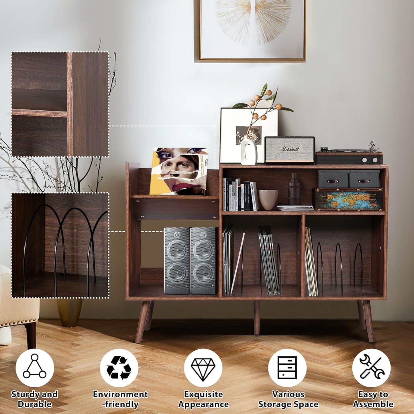Large Record Player Stand, Mid-Century Vinyl Record Storage Table with Wood Legs and Record Storage, Modern Turntable Stand Holds up to 300 Albums for Studio, Living Room, Bedroom (Walnut)