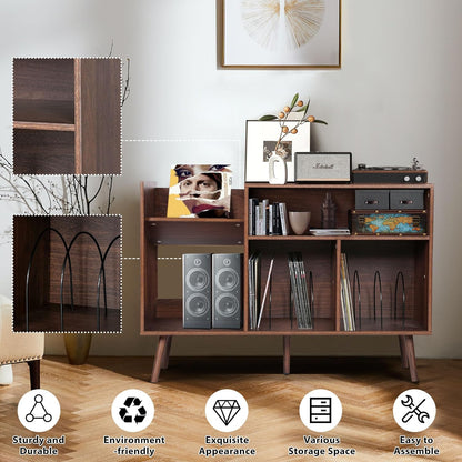 Large Record Player Stand, Mid-Century Vinyl Record Storage Table with Wood Legs and Record Storage, Modern Turntable Stand Holds up to 300 Albums for Studio, Living Room, Bedroom (Walnut)