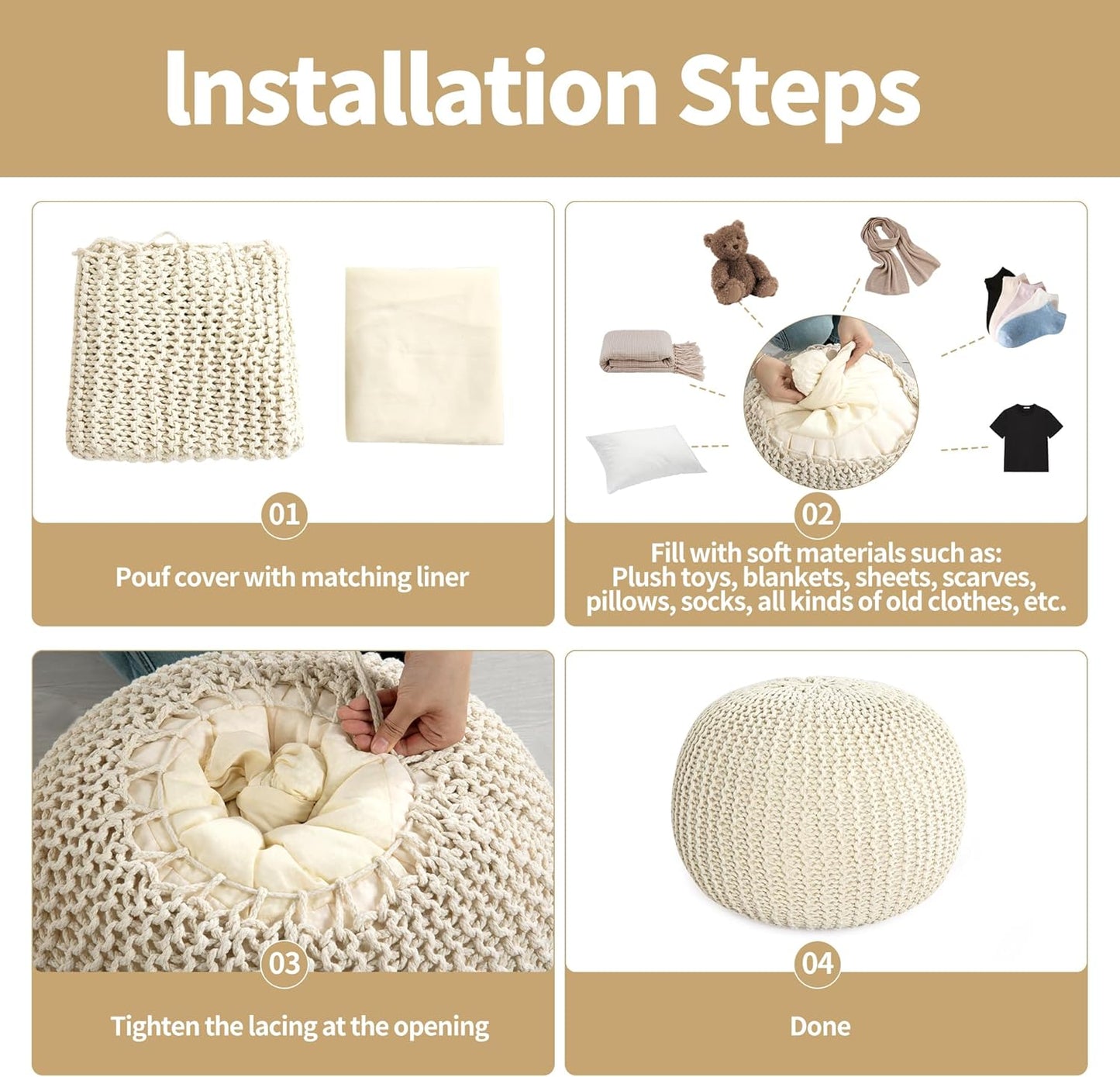 Unstuffed Ottoman Pouf Cover, 100% Cotton Handmade Knitted Ottoman Pouf Cover round Foot Stool, Floor Bean Bag Chair, Foot Rest with Storage for Living Room Bedroom, Beige(Cover ONLY NO Filler)