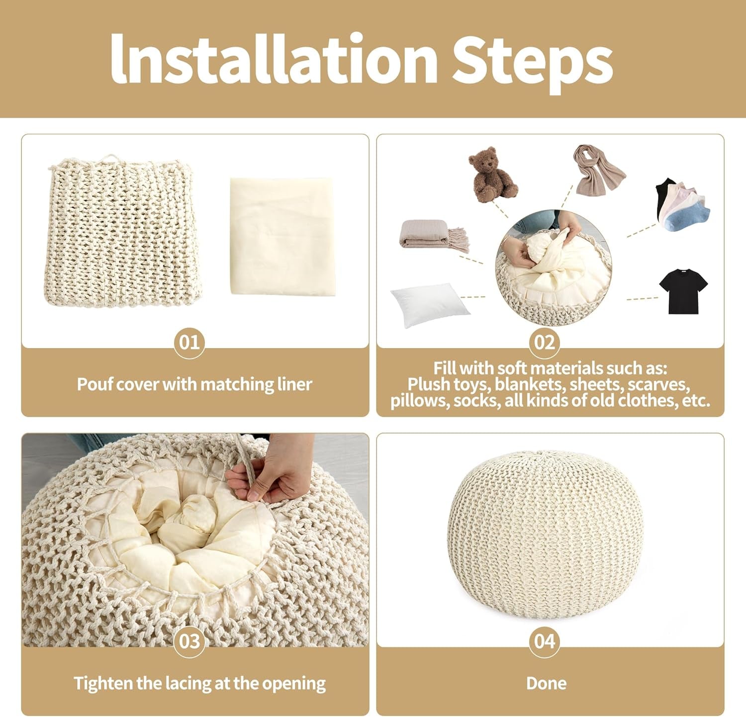 Unstuffed Ottoman Pouf Cover, 100% Cotton Handmade Knitted Ottoman Pouf Cover round Foot Stool, Floor Bean Bag Chair, Foot Rest with Storage for Living Room Bedroom, Beige(Cover ONLY NO Filler)