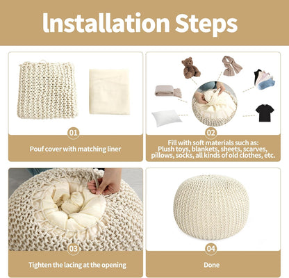 Unstuffed Ottoman Pouf Cover, 100% Cotton Handmade Knitted Ottoman Pouf Cover round Foot Stool, Floor Bean Bag Chair, Foot Rest with Storage for Living Room Bedroom, Beige(Cover ONLY NO Filler)