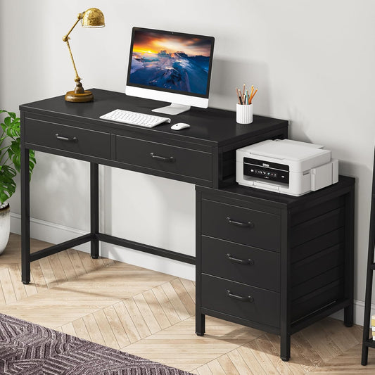 Computer Desk with 5 Drawers, Home Office Desks with Reversible Drawer Cabinet Printer Stand, Industrial PC Desk with Storage, Rustic Study Writing Table Workstation for Small Spaces, Black