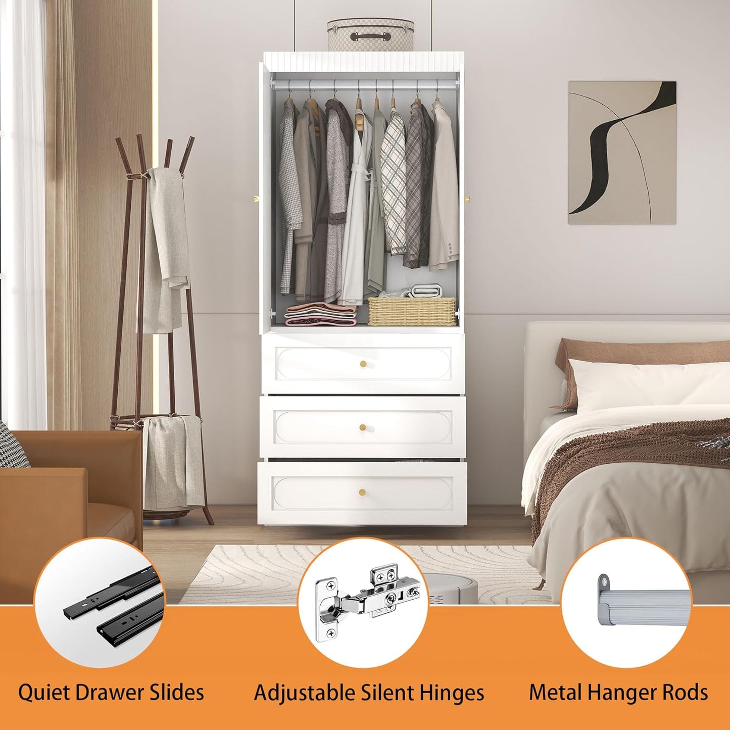 Wooden Wardrobe Closet with Doors: 75" Tall White Armoire Wardrobe Closet with 3 Drawers and 2 Doors, Modern Clothes Cabinets for Bedroom Armoires with Hanging Rod (3-Drawers, 31.5")