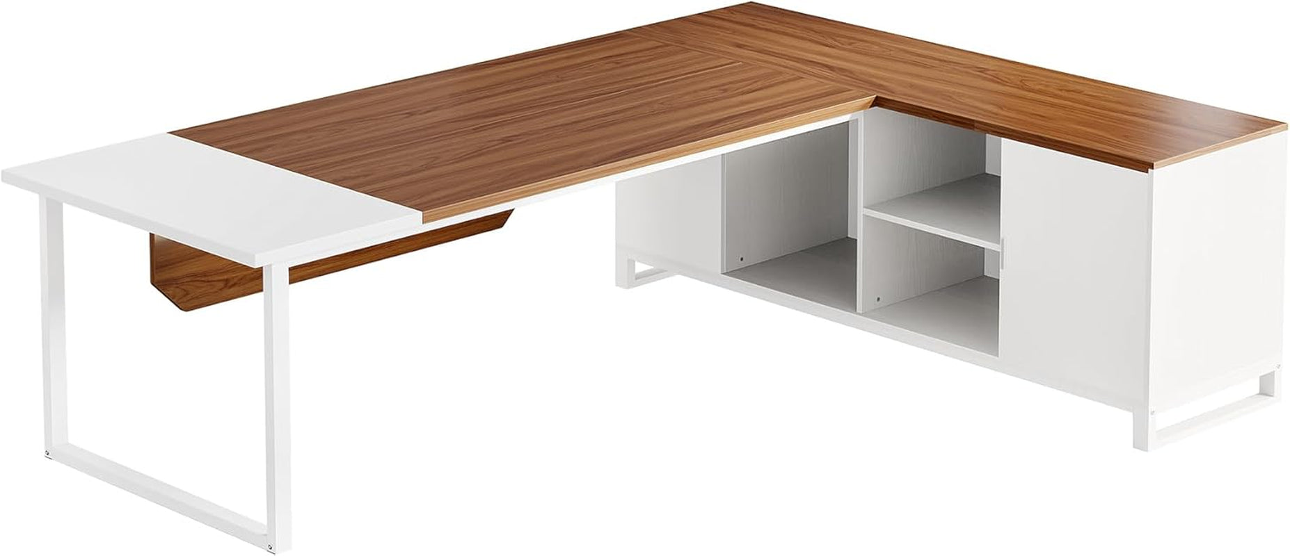 70.8" L-Shaped Executive Desk with 55" File Cabinet, Large Home Office Computer Desk with Storage Shelves and Cabinet, Modern Business Furniture Set Home Office, Walnut White