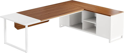 70.8" L-Shaped Executive Desk with 55" File Cabinet, Large Home Office Computer Desk with Storage Shelves and Cabinet, Modern Business Furniture Set Home Office, Walnut White