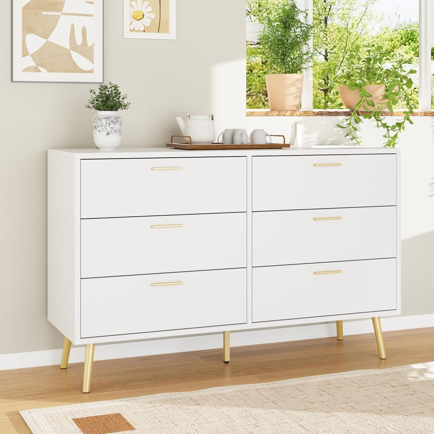 6 Drawer White Dresser, 47.2” Double Dresser with Gold Metal Handles and Legs, Modern Chest of Drawers Wood Storage Cabinet for Bedroom Living Room, 47.2”W X 15.7”D X 30.1”H