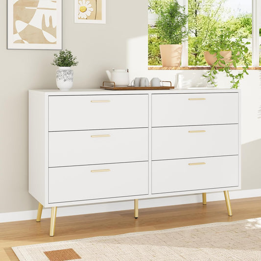 6 Drawer White Dresser, 47.2” Double Dresser with Gold Metal Handles and Legs, Modern Chest of Drawers Wood Storage Cabinet for Bedroom Living Room, 47.2”W X 15.7”D X 30.1”H