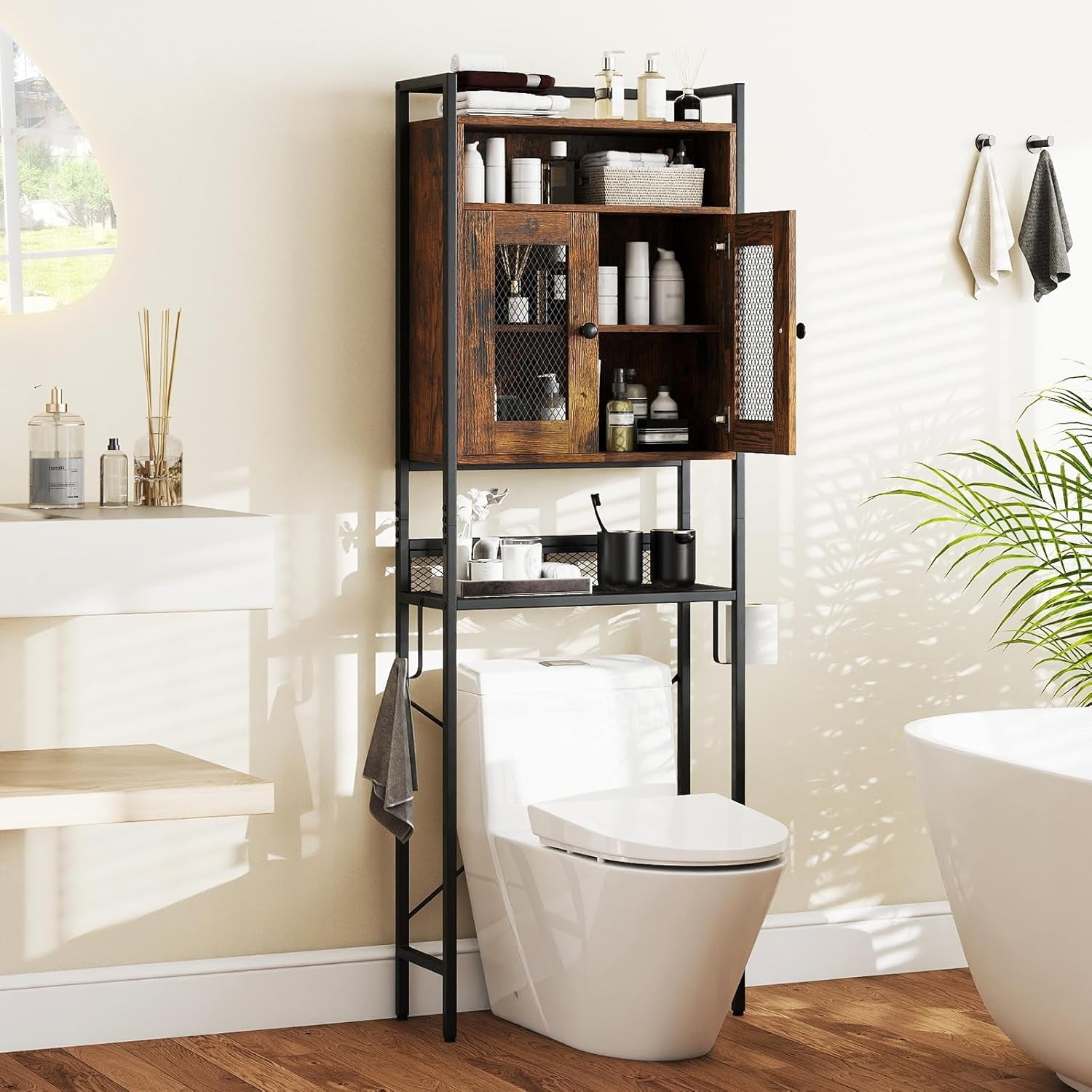 over the Toilet Storage Cabinet, 5-Tier Freestanding Space Saver W/Metal Stand, Mesh Grid Doors, Toilet Paper Holder & Hook, over Toilet Bathroom Organizer for Laundry Room, Restroom