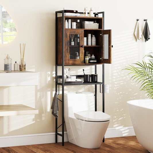 over the Toilet Storage Cabinet, 5-Tier Freestanding Space Saver W/Metal Stand, Mesh Grid Doors, Toilet Paper Holder & Hook, over Toilet Bathroom Organizer for Laundry Room, Restroom