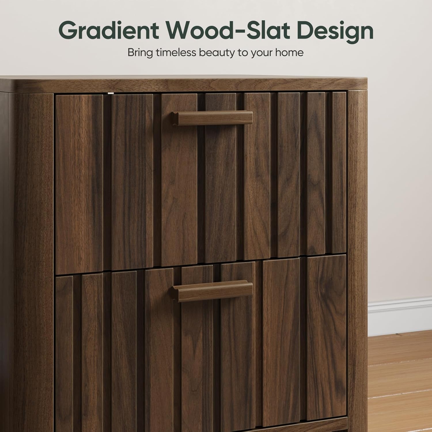 Mid Century Modern Nightstand with 2 Drawers, Fluted Design Bedside Table with Storage, Walnut Finish Night Stand for Bedroom, Study Room