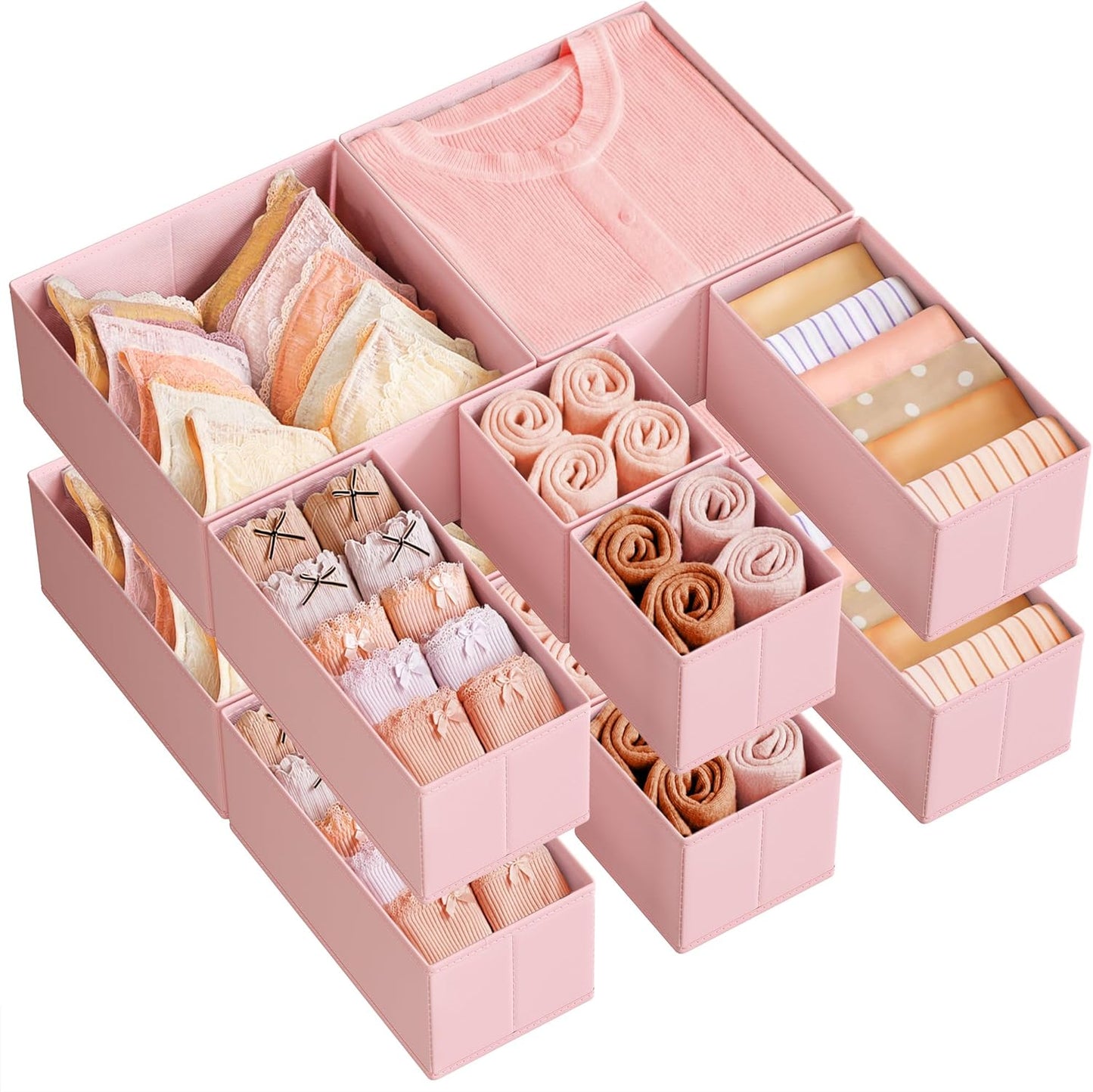 Drawer Organizers, Dresser Divider Organizers, Set of 12, Foldable Fabric Storage Boxes for Socks, Underwear, Bras, Ties, Scarves, Jelly Pink URDZ006R01