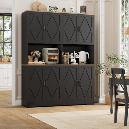 71" Tall Pantry Cabinet, 55" Wide Kitchen Pantry Storage Cabinet, Large Kitchen Hutch with 2 Microwave Stands, Farmhouse Coffee Bar Station with Doors and Shelves for Dining Room, Black