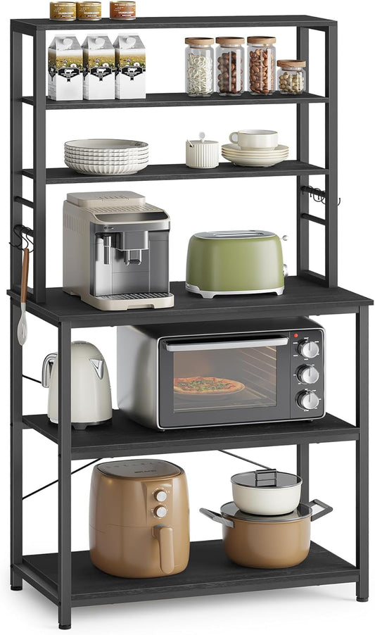 Coffee Bar, 31.5 Inches Baker'S Rack for Kitchen with Storage, 6-Tier Kitchen Shelves with 6 Hooks, Microwave Stand, Industrial, Charcoal Gray and Black UKKS019B22